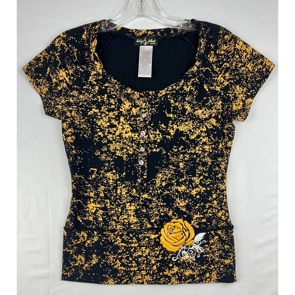 EUC Baby Phat Y2K Black Gold Splatter Rhinestone Cat Logo Henley T-Shirt Size S